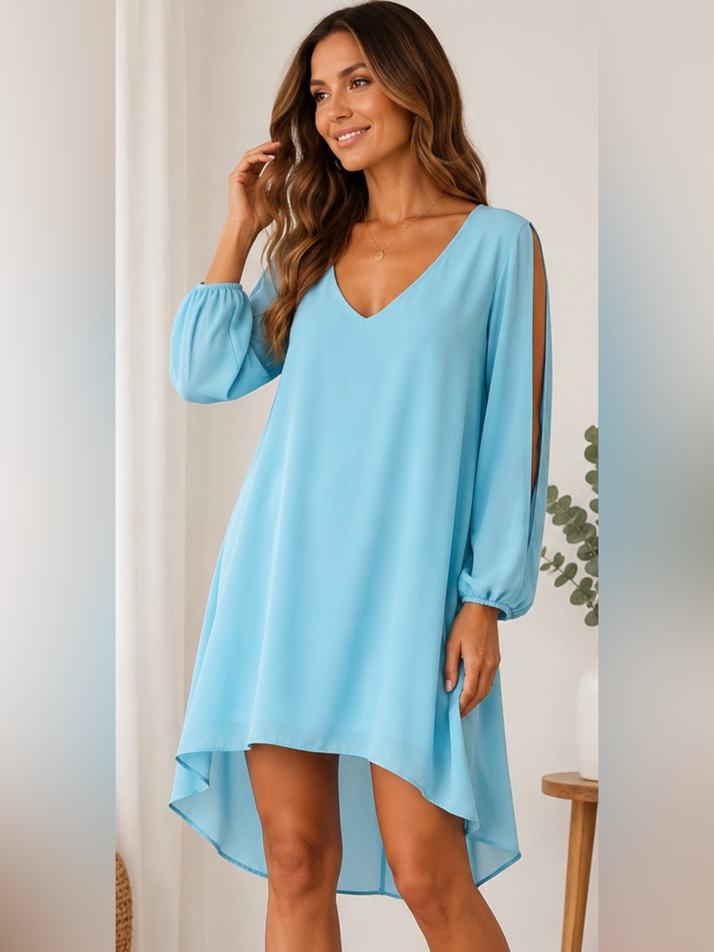 V-Neck High-Low Split-Sleeve Dress in Light Blue Size Large 🌸💙